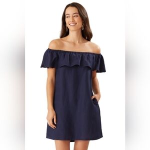 Tommy Bahama St. Lucia Off-Shoulder Navy Blue Mini Dress Size S Linen Blend